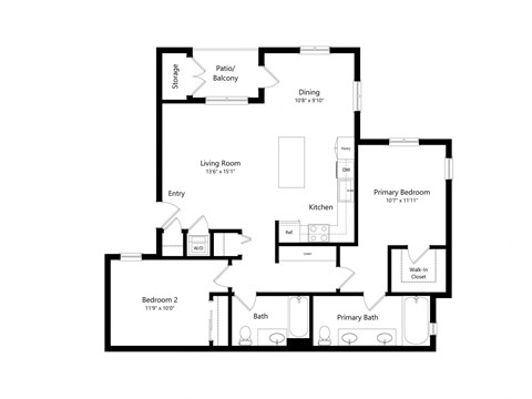 Floor plan for 2 beds, 2 baths, 1112 sqft